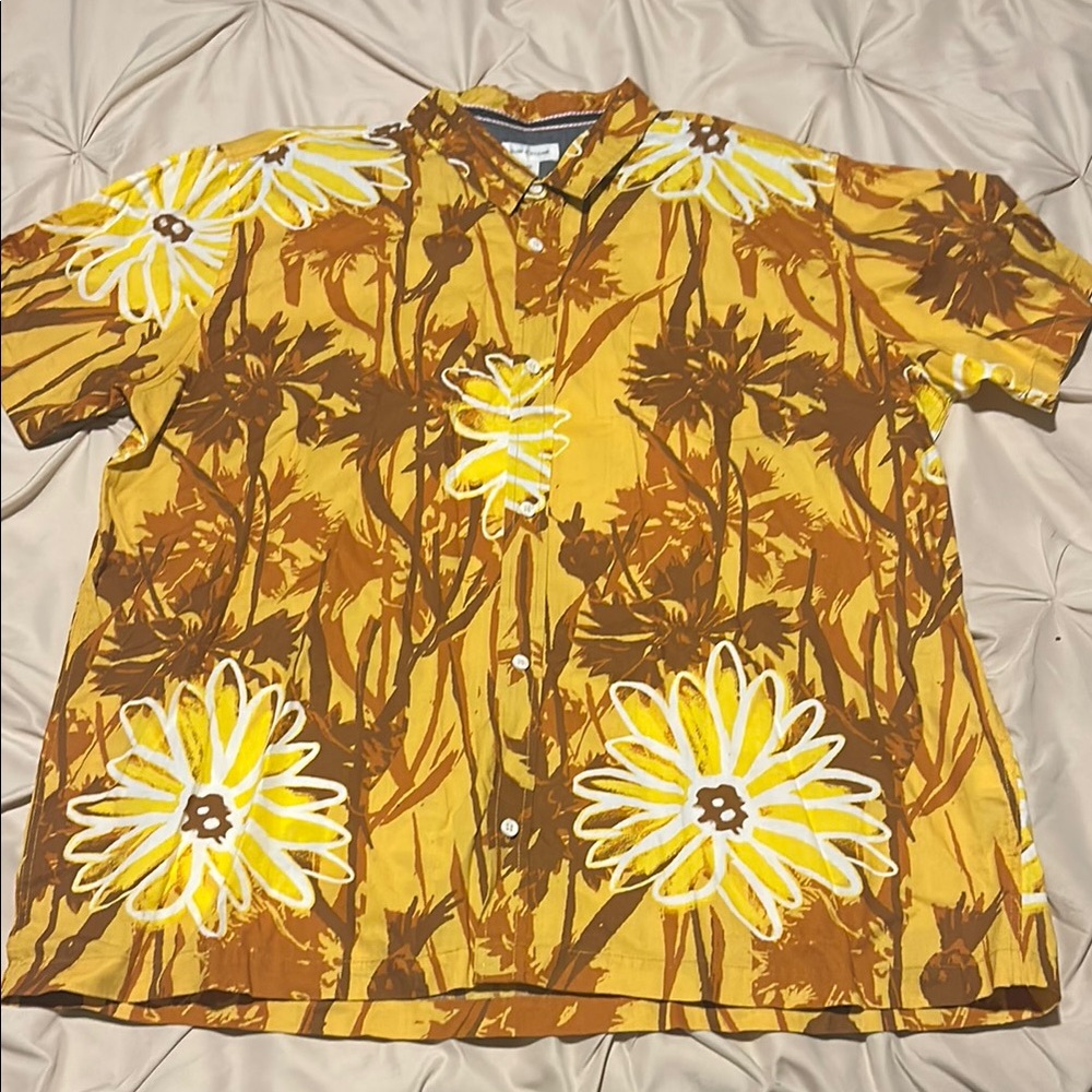 Sun & Stone Floral Yellow and Brown Button-Up Shirt